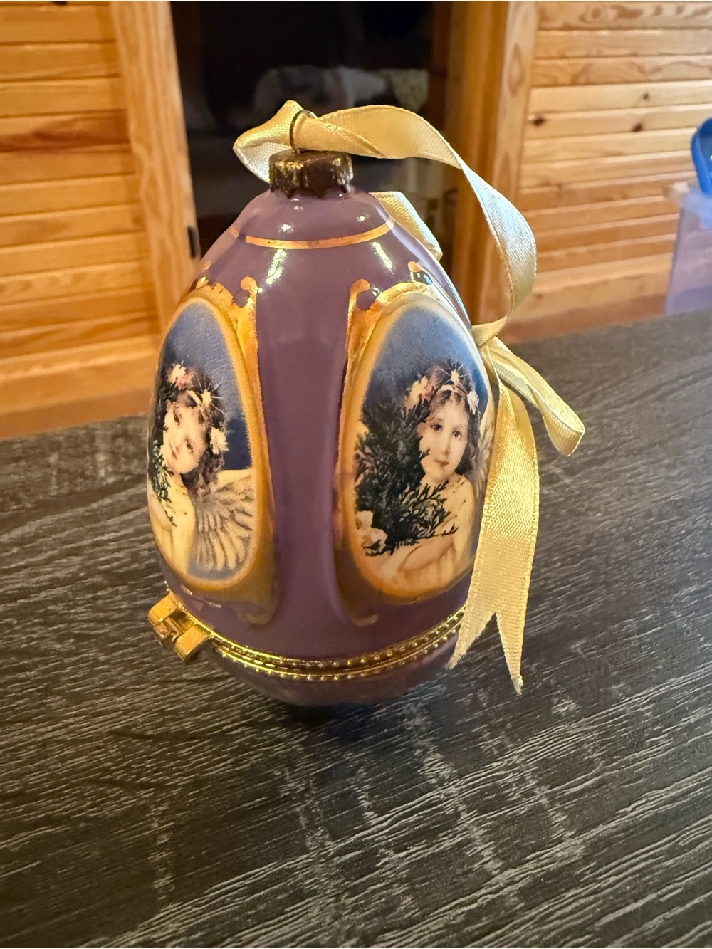 Vintage-Style Purple Ceramic Holiday Egg Ornament with Gold Ribbon.  Plays music